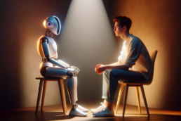 Create an image inspired by the provided photo, showcasing a conceptual interaction between a human and an artificial intelligence represented as a humain