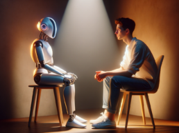 Create an image inspired by the provided photo, showcasing a conceptual interaction between a human and an artificial intelligence represented as a humain