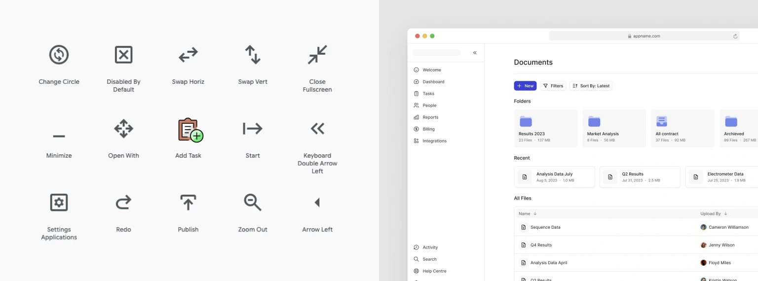 Exemple de design d'icône incohérent au sein d'une librairie et à l'usage dans une interface