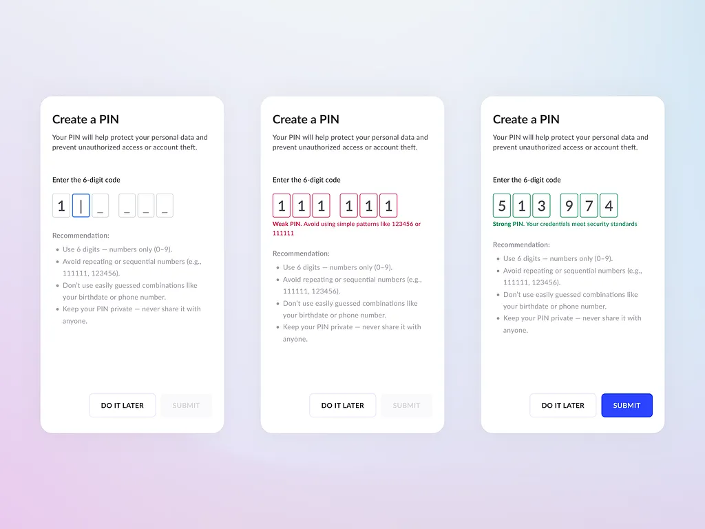 PIN Creation UX - states & validation